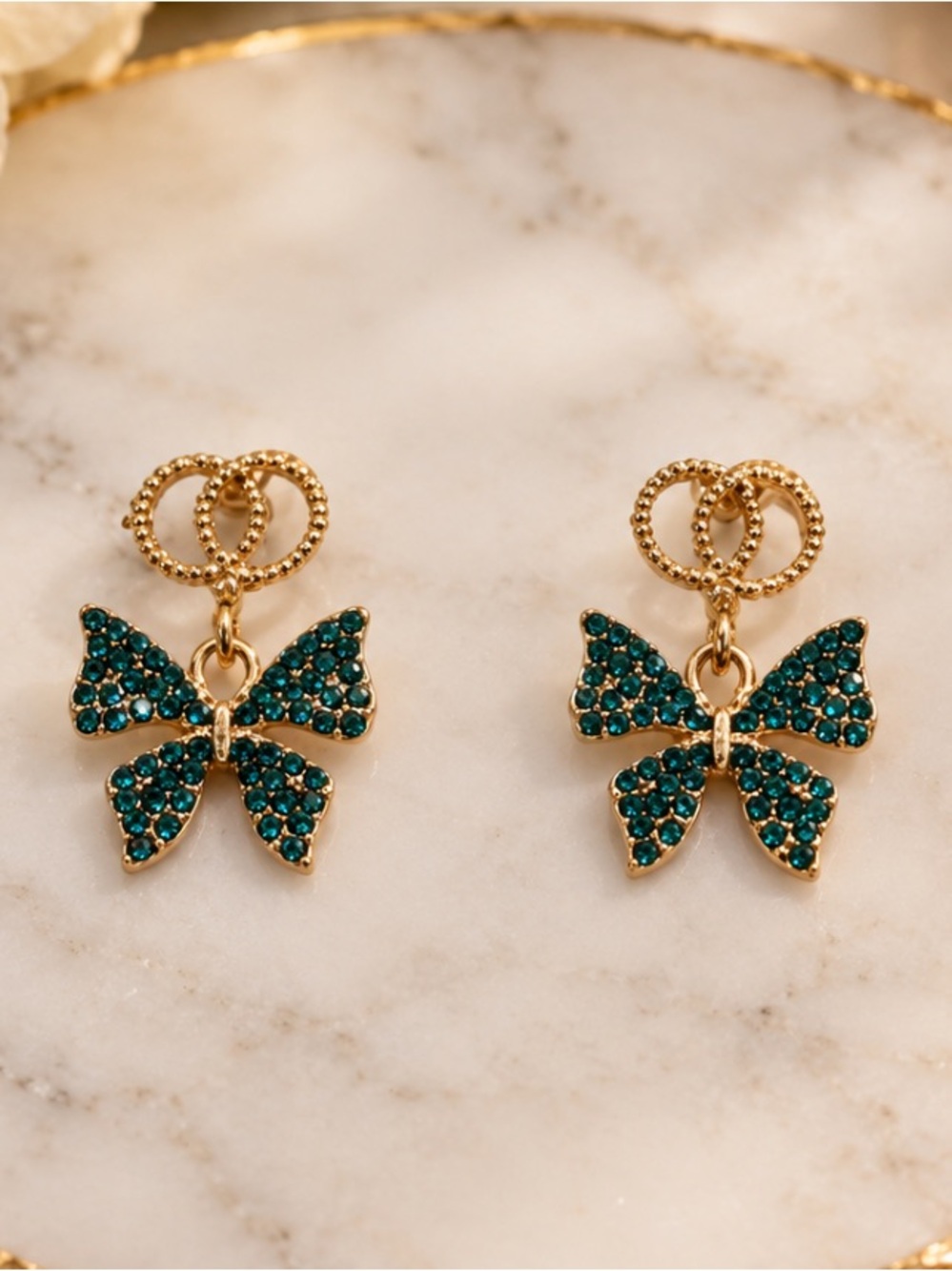 Emerald Green Crystal Bow Stud Earrings